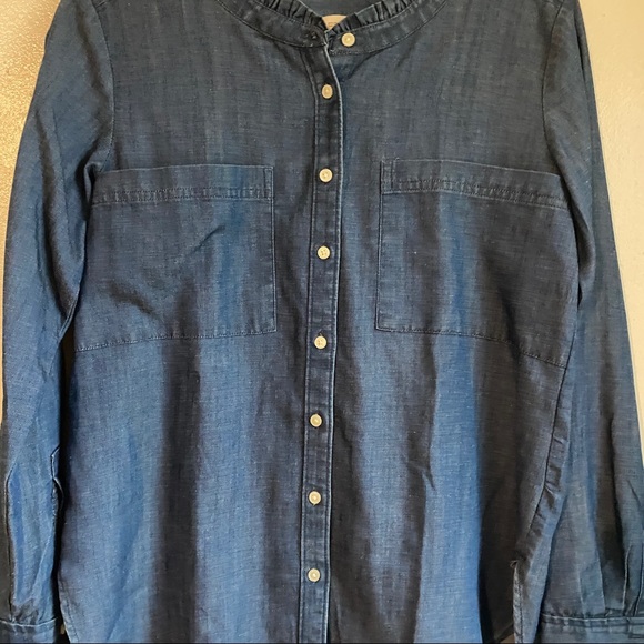 Loft Womens Denim Button Up Shirt Top Blue Ruffle Neck Long Sleeve Pockets - Picture 4 of 12